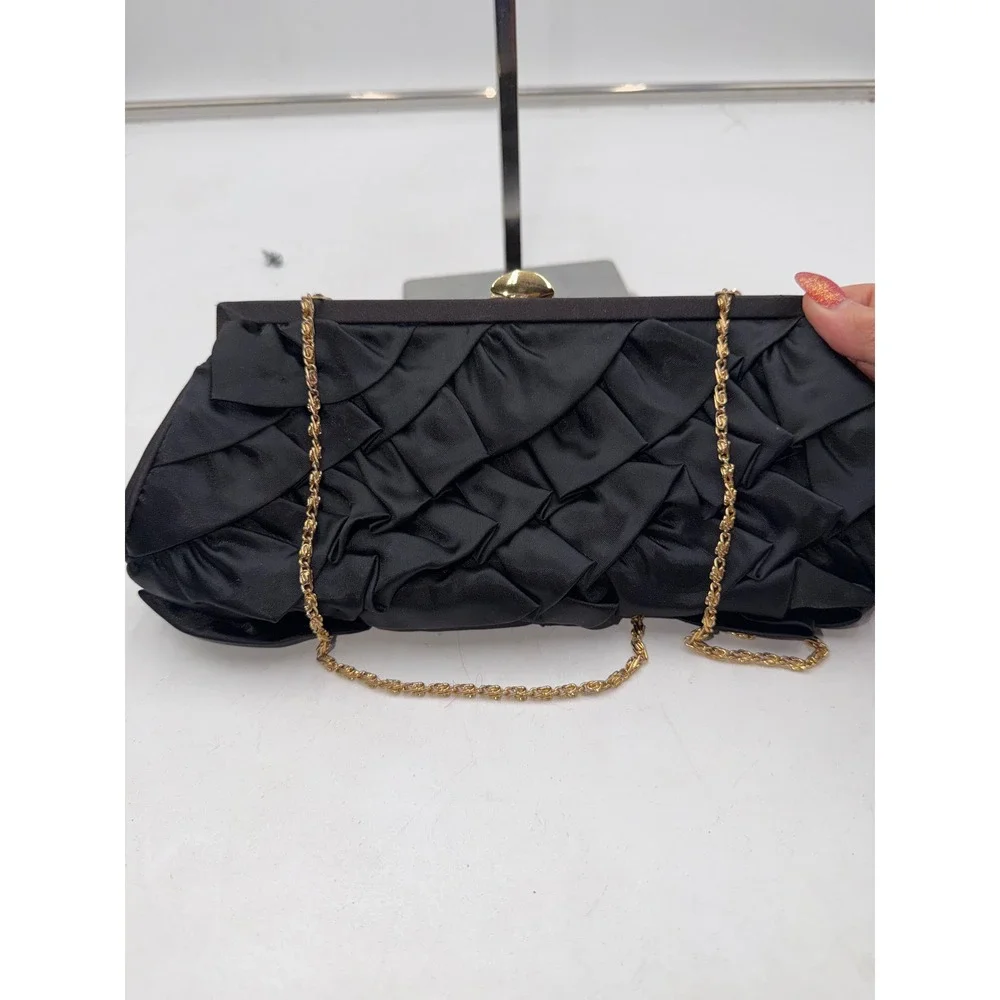 Lord & Taylor Black Satin Ruffle Evening Clutch Rhinestone Clasp Gold Chain Bag
